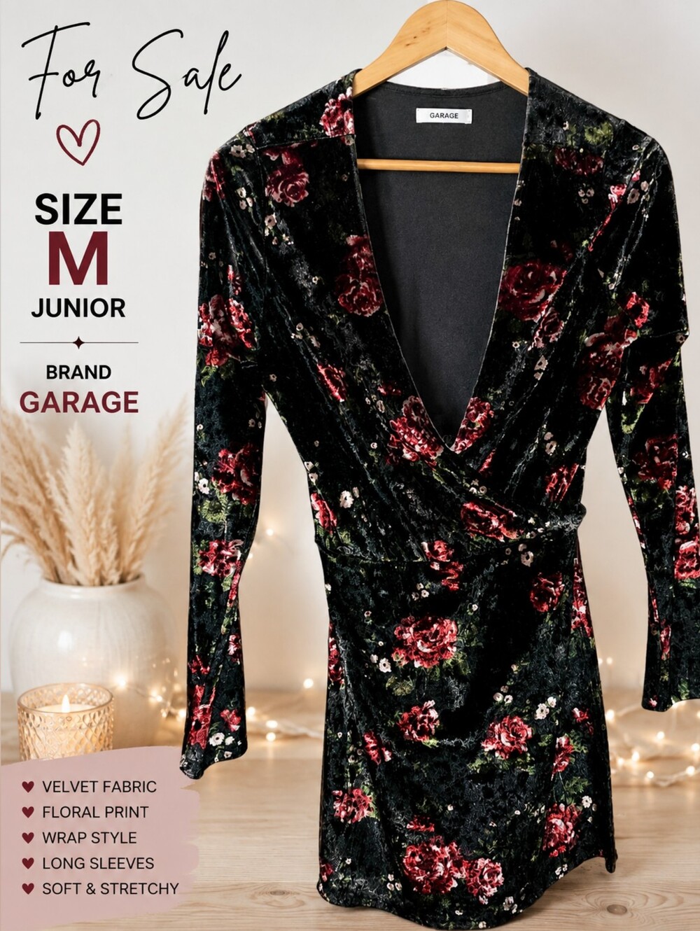 Garage Black Velvet Floral Wrap Romper with Red & Green Accents